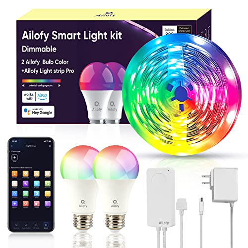 Ailofy 2 Pack Color Bulbs Kit And Smart Led Strip Lights 16.4Ft With App Control, Color Changing, Wi-Fi Light Work With Alexa And Google Home, Sync To Music, Light Kit For Bedroom, Living Room #TOP25