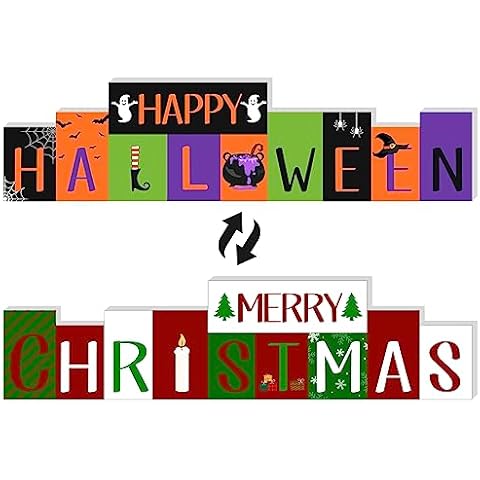 Happy Halloween Decor and Reversible Merry Christmas Decor Wood Sign, Free Standing Block, Halloween and Christmas Farmhouse Table Decor for Home Indoor Mantle Party Office Tiered Tray Decor Cover