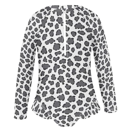 Gray and White Leopard Print Girls Long Sleeve Swimsuit Rash Guard One Piece Bathing Suits Zipper 3-12T2