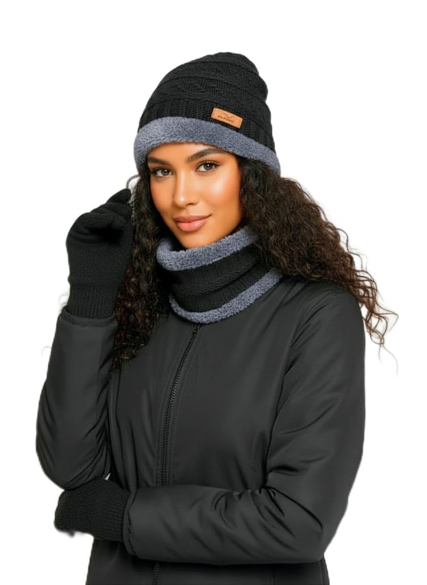Winter Knit Beanie Set with Neck Warmer and Gloves, Black and Grey Fleece Lined, 3-Piece Cold Weather Accessories-image-7