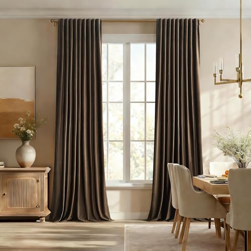 Image of PRIMROSE 100% Full Blackout Brown Velvet Curtains 72 inch Long for Living Room,Set of 2 Liner Rod Pocket Back Tab Thermal Window Curtains Room Darkening Heavy Decorative Curtains Drapes for Bedroom