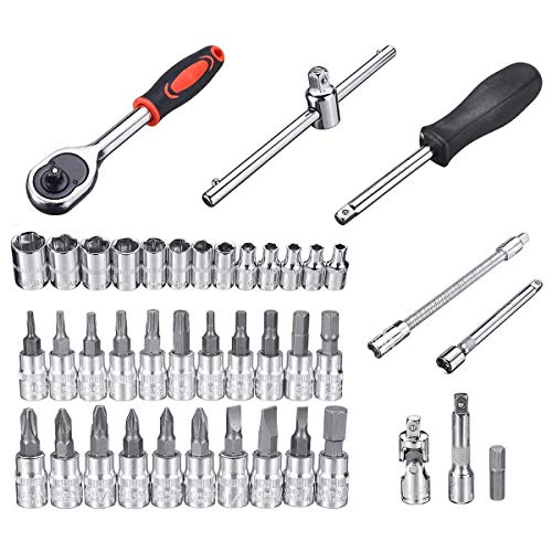 Image of 46-Piece Socket Wrench Tool Kit Set, 1 /4-Inch Drive Ratchet with Metric Sockets & Screwdriver Bits, Portable Repair Tool Set for Home, Auto, DIY Maintenance
