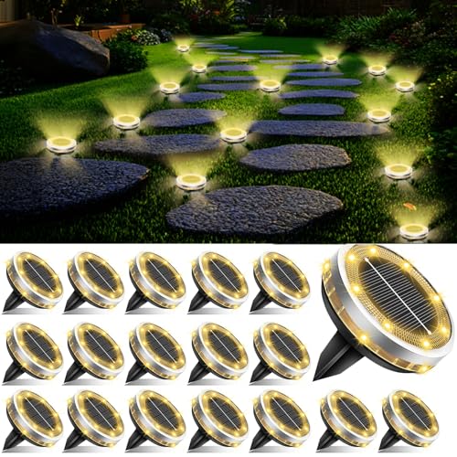 SenLuKit Solar Ground Lights Outdoor 18 Pack Waterproof, Upgraded Solar Garden Lights with 4 Side Light, Stainless Steel Solar Powered Disc Landscape Light for Walkway Lawn Yard Patio Deck-Warm White