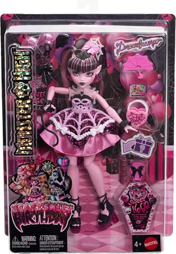 Image of Monster High Scary Sweet Birthday Doll, Draculaura in Pink Party Dress with Themed Accessories Like Invite, Balloon, Gift, Fan and More