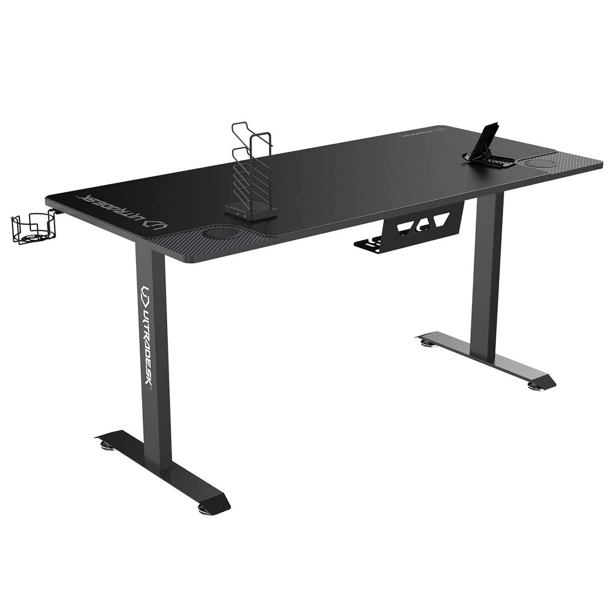 ULTRADESK Momentum|Sedia Da Gioco Ergonomica Con Ampio Spazio Di Lavoro, Pad XXL, Supporto Per Cellulare, Portabicchieri|Costruzione In Acciaio Con Rinforzi, Portante Fino A 130 kg | Nero, 152,5x70 cm