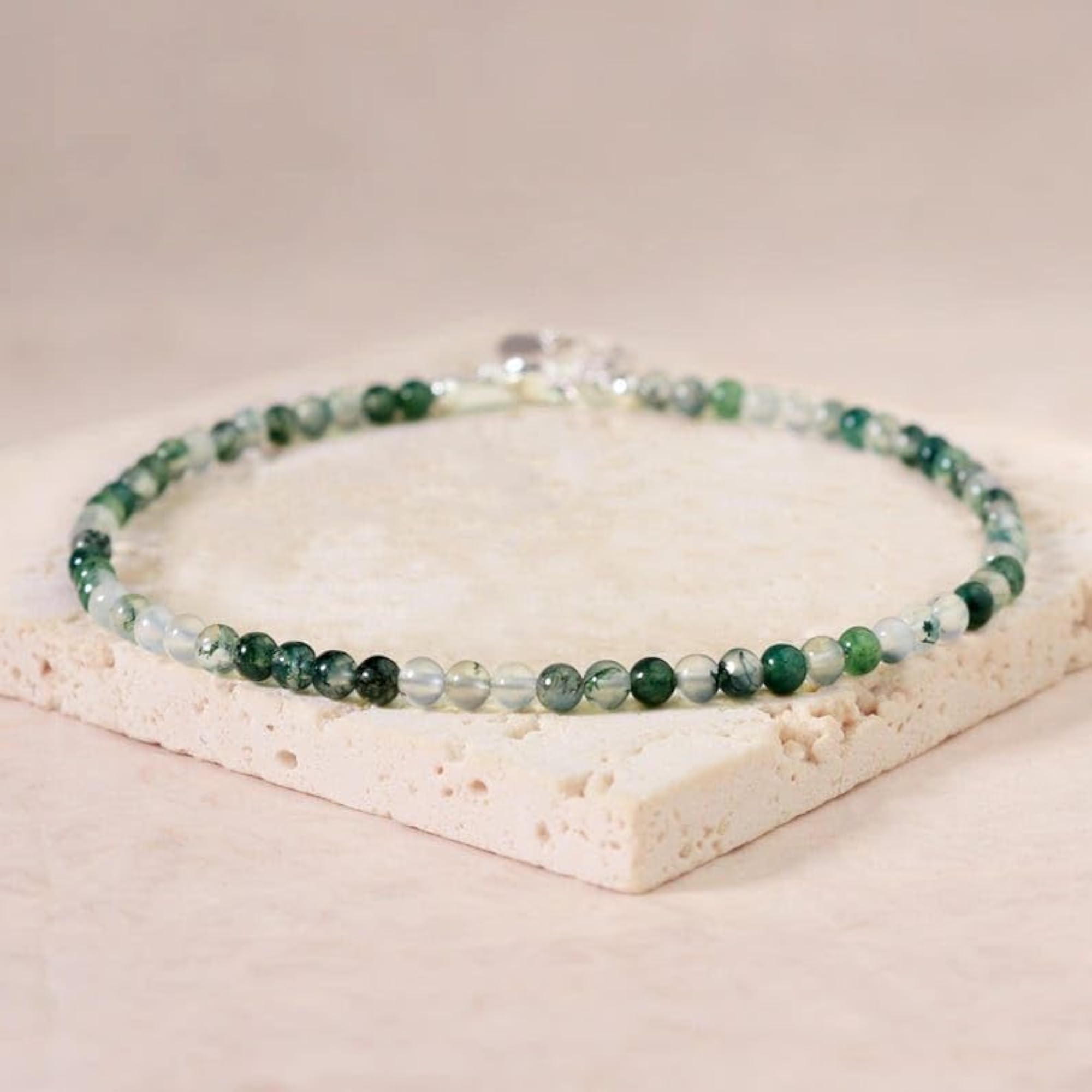 Flower Agate Round Beaded Bracelet with Silver Lock, Adjustable 7 Inch