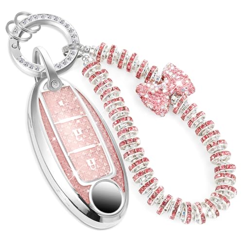Image of Car Key Fob Cover for Nissan, Rhinestone Wristlet Case, Pink