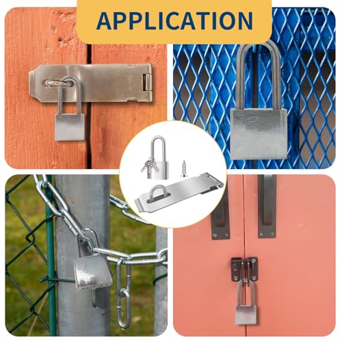Image of 2 Sets 5 Inch Padlock Hasp Latch Locks, Stainless Steel Padlock with 1.5 inch Long Shackle, Door Lock Latch for Cabinets Closets or Gate (Silver)