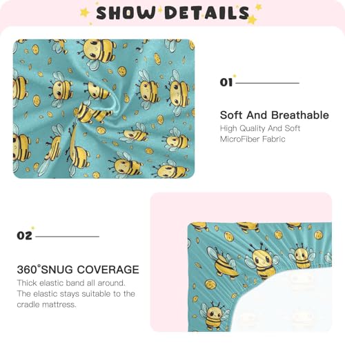 Image of Fitted Crib Sheets Cartoon Bee Holding Honey Pot Stretchy Portable Playard Sheets for Baby Toddler, Breathable Soft Mini Crib Mattress 39 x 27 in for Boys and Girls