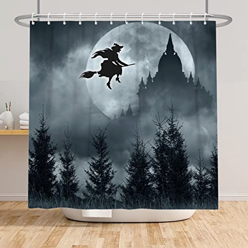 Arrebolart Halloween Haunted House Shower Curtain Scary Castle Witch Shower Curtain for Bathroom Black Forest with Full Moon on Horror Night Waterproof Decor Fabric Curtain72x72 Inches Include Hooks