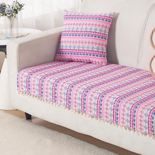 Image of HOKIPO Sofa Cover Mat with Tassel | 300 GSM Cotton Acrylic Jacquard for 2 Seater Sofa,'Trivana Series' Periwinkle Blue (IN-934-J5*S)