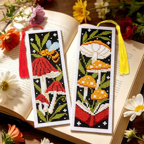 Image of ACRNIGHEET 6PCS Cross Stitch Bookmark Kit for Beginner Stamped Cross Stitch Kits for Adults Mushroom DIY Tassel Embroidery Bookmark Kits Needlepoint Kit with Instructions Craft Gift 8.5''x3'' 11CT