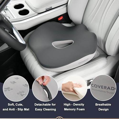 Image of Coverado Car Seat Cushion with Memory Foam, Ergonomic Driving Seat Cushion for Sciatica, Tailbone, Back Pain Relief, Premium Non-Slip Washable Cushion for Car, Driver, Office, Wheelchair