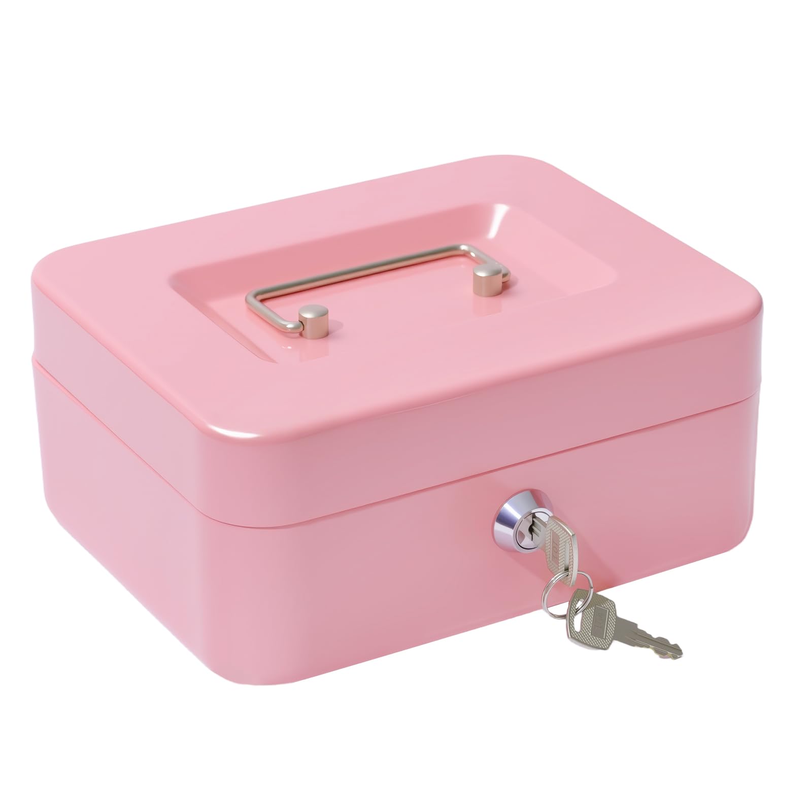 Money Tin Box with Key, Portable Cash Box with Coin Tray, Small Cash Tin for Home, Office and Events (Pink-medium)