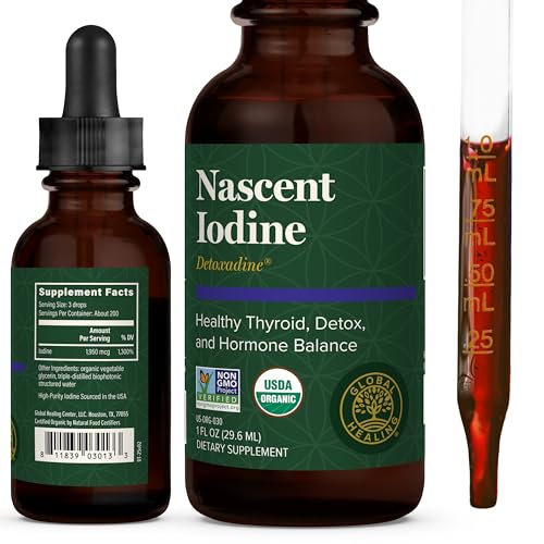 Global Healing Center - Detoxadine - Organic Nascent Liquid Iodine Supplement Drops for Thyroid Support Detox Cleanse and Metabolism - Non-GMO Vegan 200 Servings Iodine Drops (1 Oz)