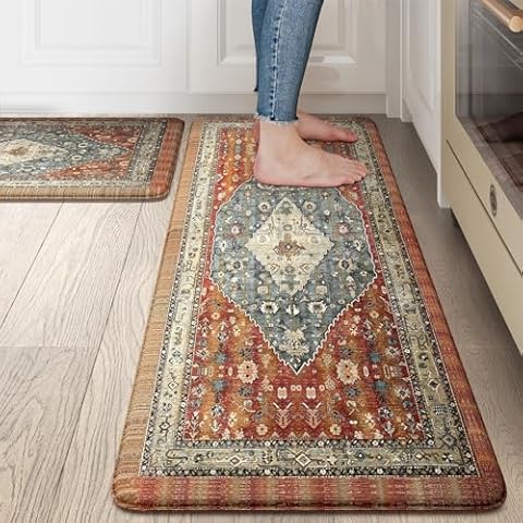 Collive Boho Kitchen Mat 2PCS Cushioned Kitchen Mats for Floor, Anti-Fatigue Mat Waterproof Kitchen Rug Set of 2 Non-Skid Comfort Standing Mat for Kitchen, Office, Sink, Laundry, 17"x30"+17"x47" Cover