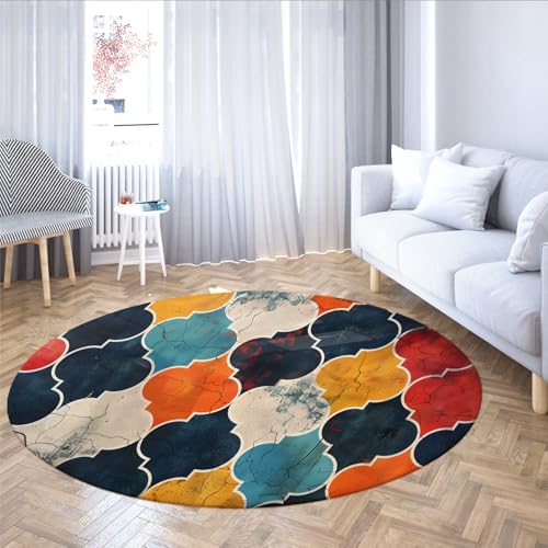 Tapis rond craquelé boho antidérapant doux 100cm multicolore