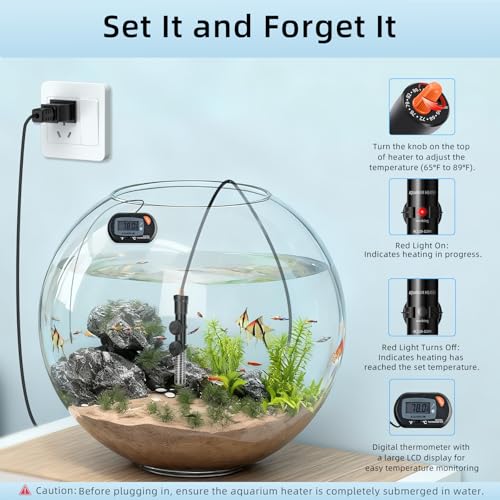 Image of HiTauing Aquarium Heater 25W /50W /100W /200W /300W, Adjustable Knob Fish Tank Heater with Digital Thermometer, Submersible Betta /Turtle Tank Heater for Freshwater and Saltwater Tanks