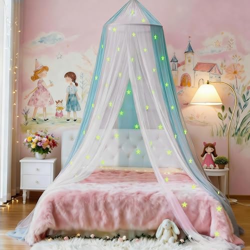 Image of Two-Tone Bed Canopy Mosquito Net, Bed Canopy for Girls Room Decor - Insect Protection Hanging Canopy for Indoor(White+Blue,Stars Glow in the Dark)