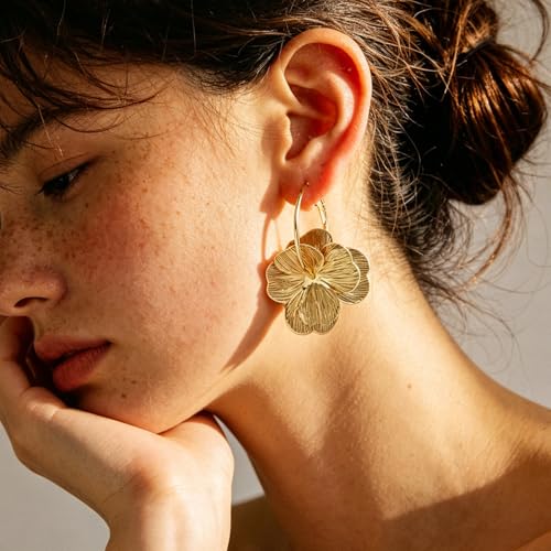 RINHOO Elegant 3D Floral Hoop Earrings Boho Statement Trendy Hoop Earring Flower Drop Earrings Jewelry (Style 1-Gold) - image 6