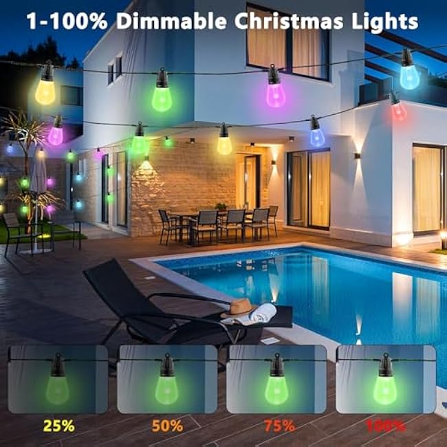 YSJ Outdoor String Lights 49FT, Smart Outdoor Light for Patio with 15 Dimmable RGBW LED Bulbs,IP68 Waterproof Shatterproof,DIY Each Bulb Color Changing String Light¨ÛAPPControl & Remote,Backyard Decor