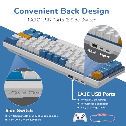 Image of RK ROYAL KLUDGE RK61 Plus Wireless Mechanical Keyboard, 60% Percent Gaming Keyboard w /Bluetooth /2.4G /USB Wired, Hot Swappable PC Game Keyboards with USB Hub, Quiet Linear SkyCyan Switches, White