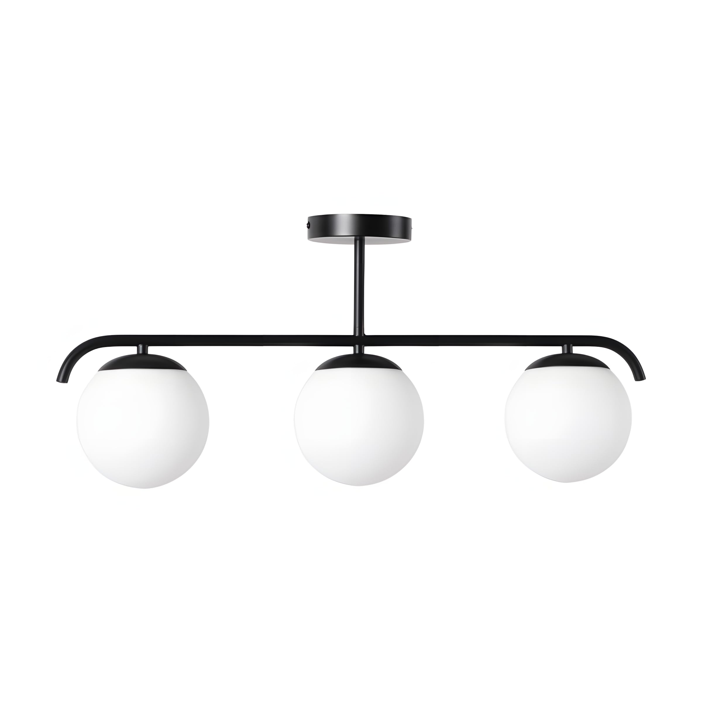B·LED BARCELONA LED Lámpara de Techo Triple “Talí” con 3 Bolas de Cristal Opalino, 3xE27, Estilo Minimalista Moderno, Iluminación Difusa para Salón, Comedor o Dormitorio, 70×30×15 cm, Metal en Negro