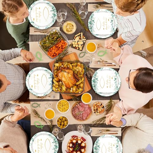 Bikasun Kommunion Deko Partygeschirr Set, Fisch Eukalyptus Servietten und Pappteller Becher, für Taufe, Konfirmation und mehr, für Mädchen Junge mit Spruch Schön dass du da bist
