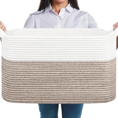 JOJOSEE Faltbarer Wäschekorb Korb Aufbewahrung 63L Große Wäschesammler Laundry Baskets aus Baumwolle Geflochten Aufbewahrungskorb mit Henkel für Decken Kleidung Spielzeug Weiß & Braun