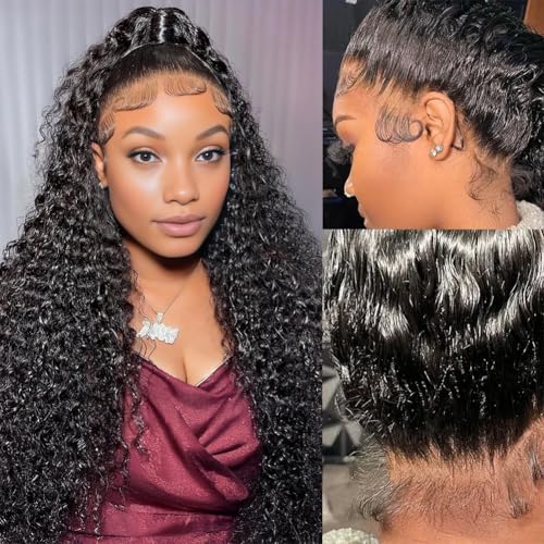Pizazz Hidden Strap 360 Full Lace Frontal Wigs Human Hair Pre Plucked Pre Bleached 180 Density Glueless Water Wave Human Hair Wigs with Drawstring (Black, 26 Inch)