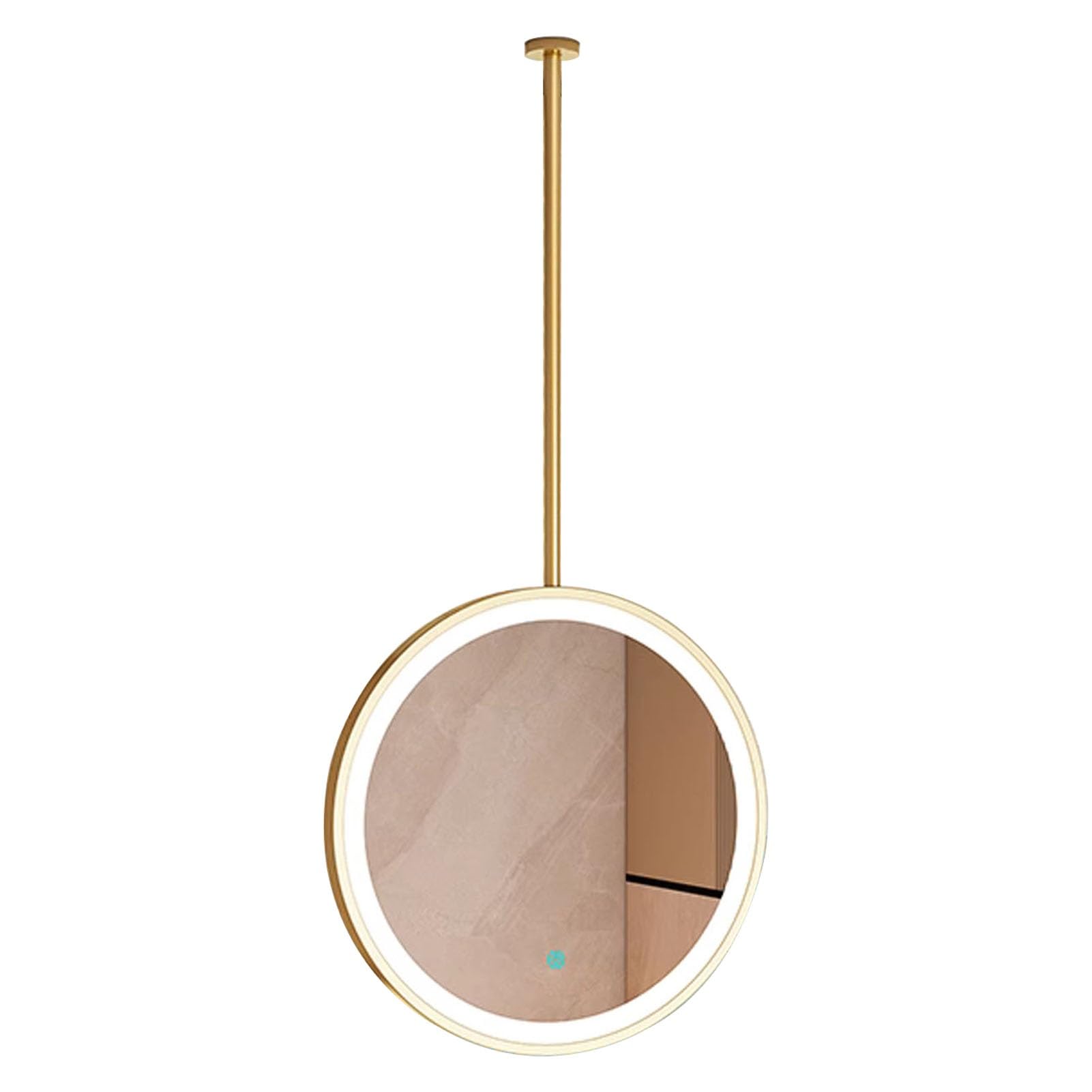 Złote okrągłe lustro do makijażu z oświetleniem LED, wiszące lustro do łazienki, okrągłe lustro ścienne z metalową ramą i wysięgnikiem sufitowym(Diameter-50CM/19.7INCH)