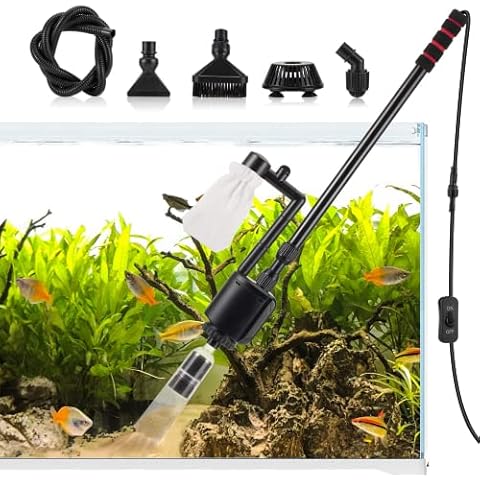 AQQA Aquarium Gravel Cleaner Siphon Kit,6 in 1 Electric Vacuum Fish Tank Water Changer Set, Aquarium Siphon Vacuum Cleaner for Absorb Dirt, Wash Sand Controller Cover
