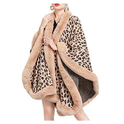 Dawwoti 2022 Chaqueta De Chal De Mujer, Collar De Piel De Leopardo Cape De Cárdigan Impreso para Invierno Cover