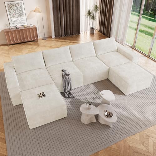 Image of Vesgantti 145.6 inch Modular Boneless Couch, Modern U Shaped 6 Seater Sectional Sofa with 2 Ottoman & Deep Seat, Convertible Chenille Cloud Couches for Living Room, No Assembly Required, Beige