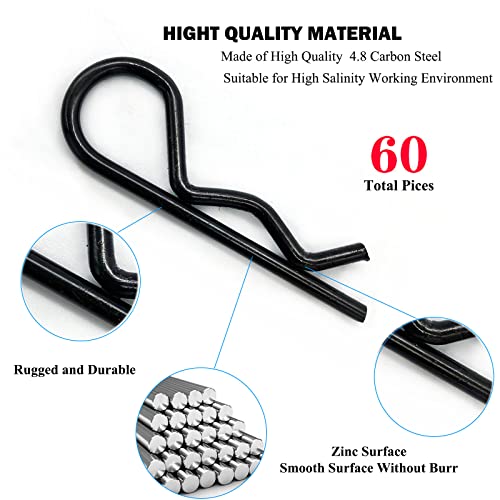 Image of 60 Pcs Hitch Pin Clip R Clips Retaining Pins Tractor Cotter Pin Hair Pin Assortment Iron Black Zinc-plating Spring Clip Retainer Hitch keeper Pins Kit for Dolly Pins /Hand Ttruck Pin Replacement