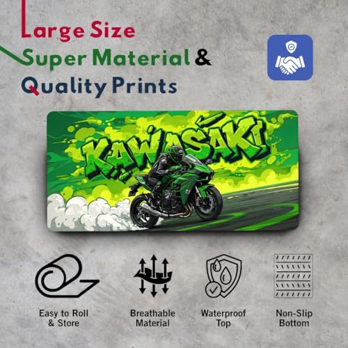 Image of Moto Edition Desk Mat 23x11 Inch - Racing-Themed Keyboard & Mouse Pad for Office, Home & Gaming | Non-Slip Rubber Base, Waterproof Surface, Supercar & Bike Inspired Table Mat (Green Rider)