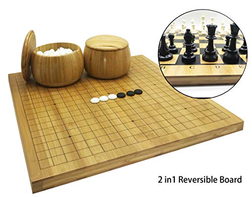 Mose Cafolo 2in1 Go Game Set & Chess Game Set with Reversible Bamboo Go Board | Measures 17.5 x 18.5   Includes Bamboo Bowls,Yun Zi (云子) Stones, Chessman Classic Strategy Board Game Wei Qi