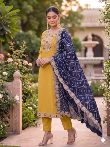 Image of Women Festive Kurta Pant Ensemble with Badhani Embroidered Dupatta Ethnic Set