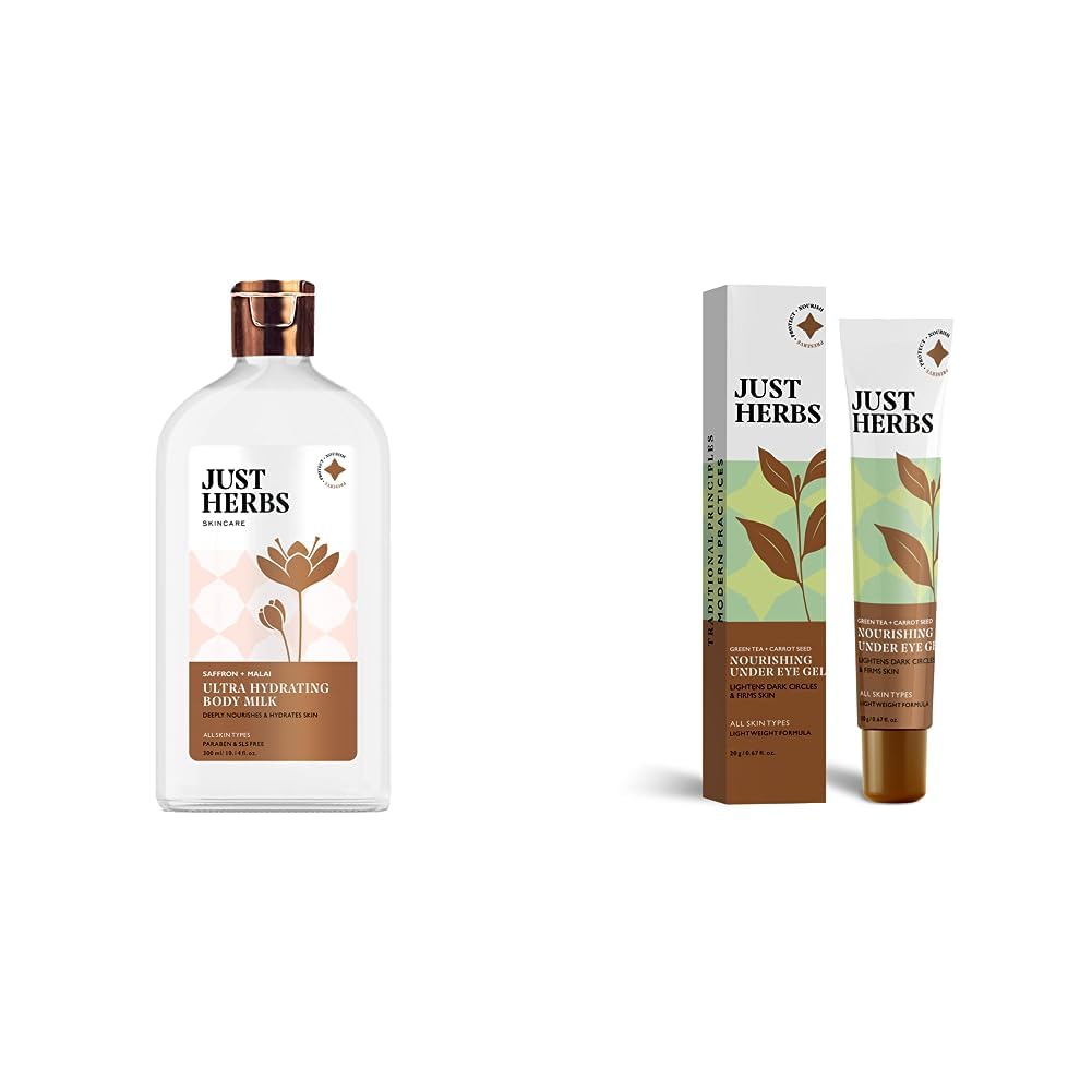 Just Herbs Saffron + Malai Nourishing Body Milk Lotion- 300ml & Just Herbs Nourishing Under Eye Gel Cream 20 gm Combo-image-6