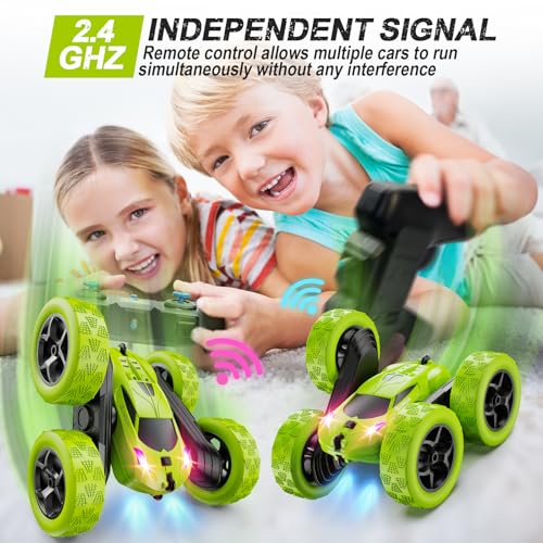 Remote Control Car for Kids Ages 6+, RC Cars Stunt Car Toy 4WD Double Sided 360° Rotating Remote Control with Headlights, Birthday Xmas Gifts for Boys 6 7 8 9 10 11 12 Green - Image 4