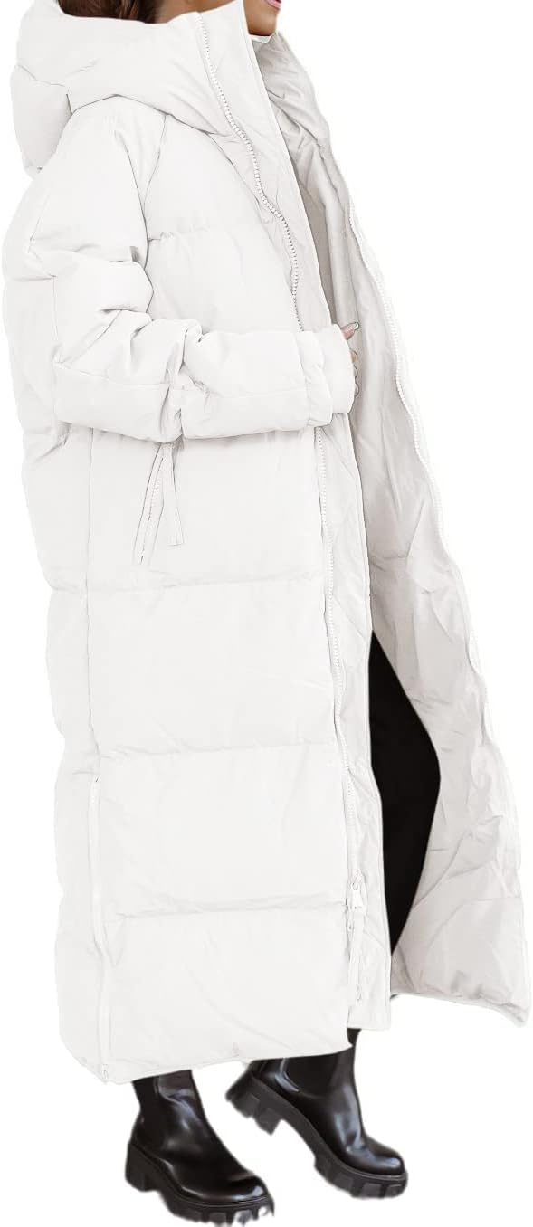 Shanfetl Women Long Quilted Coat Hooded Maxi Length Long Sleeve Puffer Jacket Padded Coat Winter Outerwear
