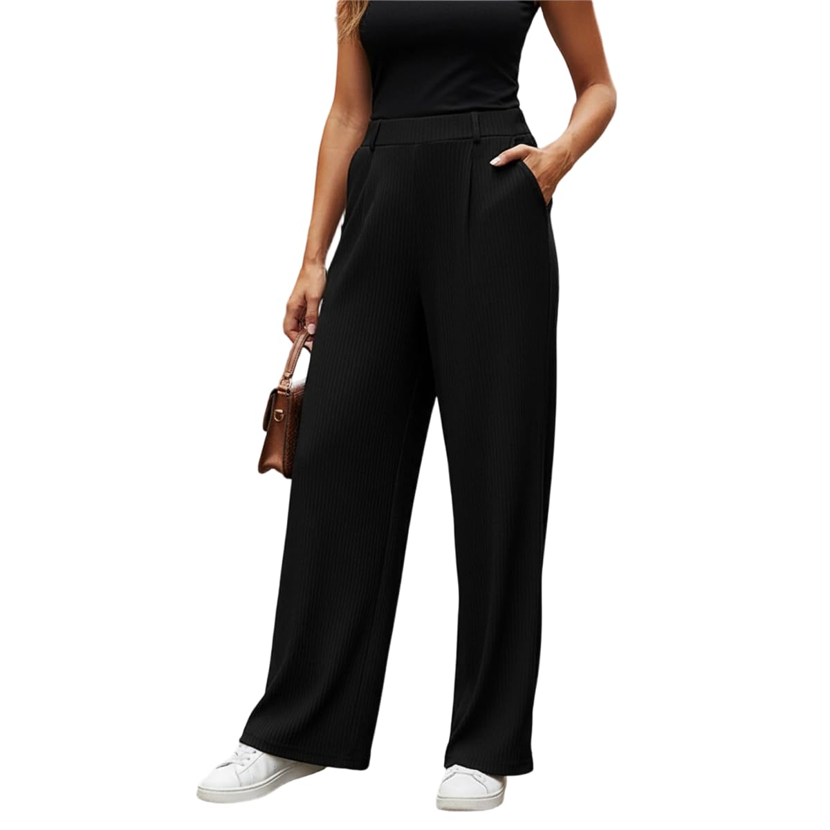 Womens Wid Leg Mid Waist Casual Ribbed Thicken Pants Solid Color Loose Fit Warm Business Trousers