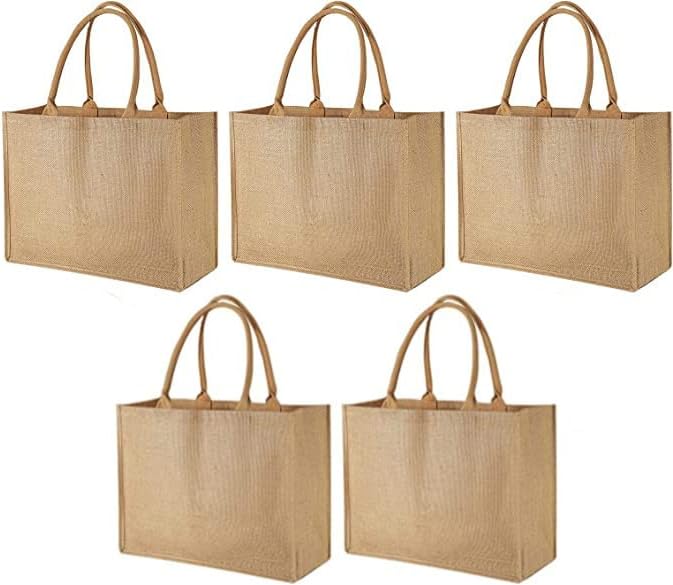 5 Pack Burlap Tote Bags, Jute Reusable Blank Totes Gift Favors Bag for