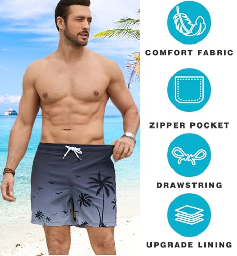 Image of Mens Swim Trunks Compression Liner No Mesh Swimming Trunks Men Swimwear Quick Dry Above Knee Zipper Pocket Swim Shorts