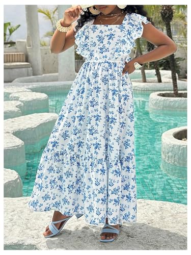 Girl's Floral Maxi Dress Boho Bowknot Ruffle Cap Sleeve Vacation Flowy Dresses3