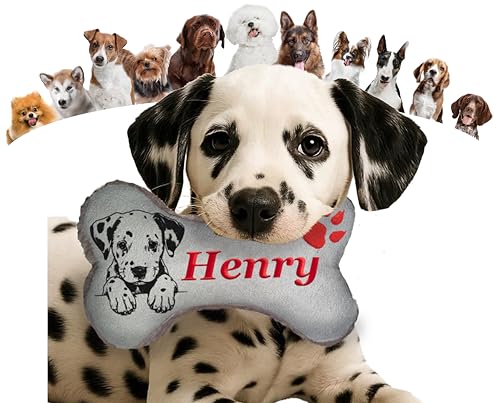 Personalisiertes Hundespielzeug Knochen – bestickter Canvas Hundeknochen mit Name – wählbar mit Quietscher oder Rassel – 20 Farben – Größen XS bis XXL