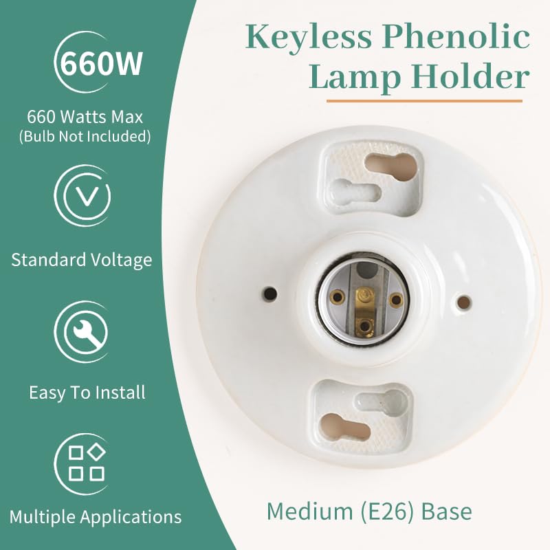 LUCKY STAR E26 Porcelain Socket Base 660W 250V Medium Base E26 Lampholder, 2 Terminals, Porcelain, White (1 Pack)