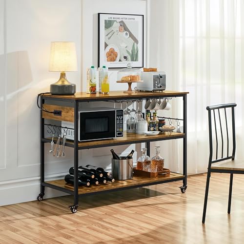 Yaheetech Rolling Kitchen Island with Power Outlet, 3 Shelves, Rustic Brown