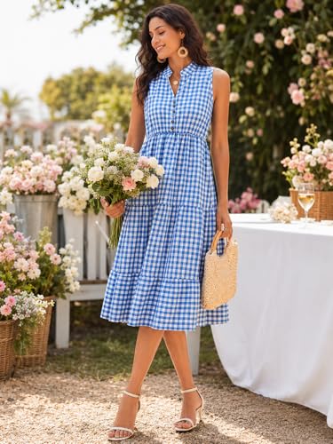 Image of BROVAVE Womens 2026 Summer Sleeveless Shirt Dress Collar Striped V Neck Casual Midi Dresses