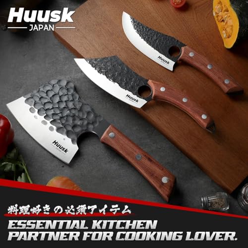 Image of Huusk Butcher Knife Set of 3 - Full Tang Meat Cleaver Knife Set for Meat Processing, Hand Forged Viking Knives Sets with Bone Axe, Heavy-Duty Kitchen Knives Sets for Outdoor BBQ Cooking, Gifts for Men
